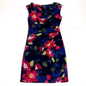 Ralph Lauren Floral Print Cowl Neck Ruched Jersey Knit Dress Size 12 Black Red